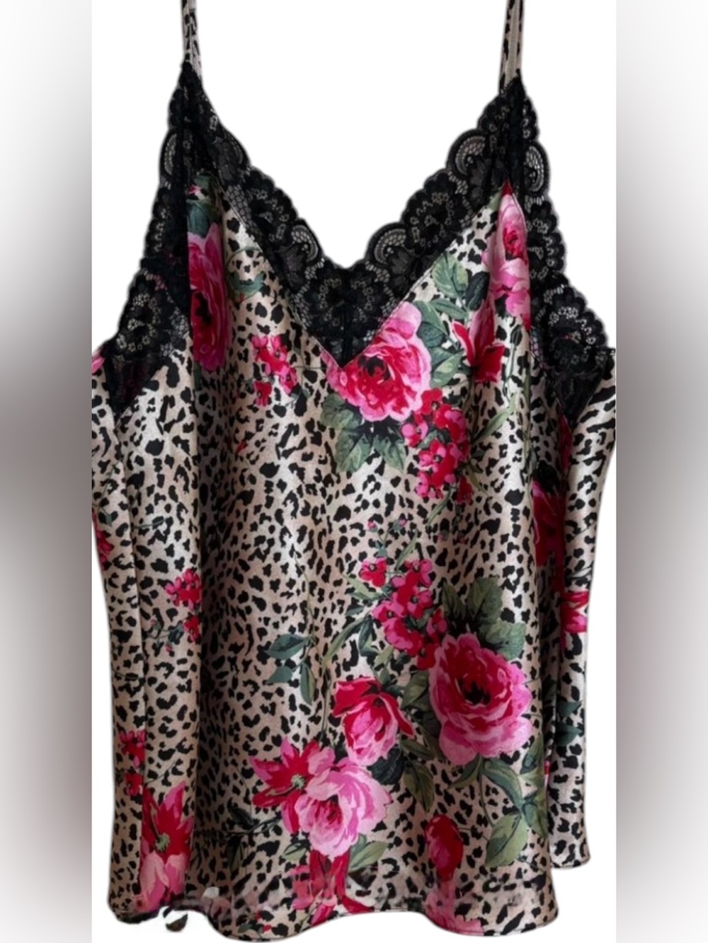 Linea Donatella ~Satin Cami ~Leopard & Floral ~Black Lace Trim w/ Vibrant Colors